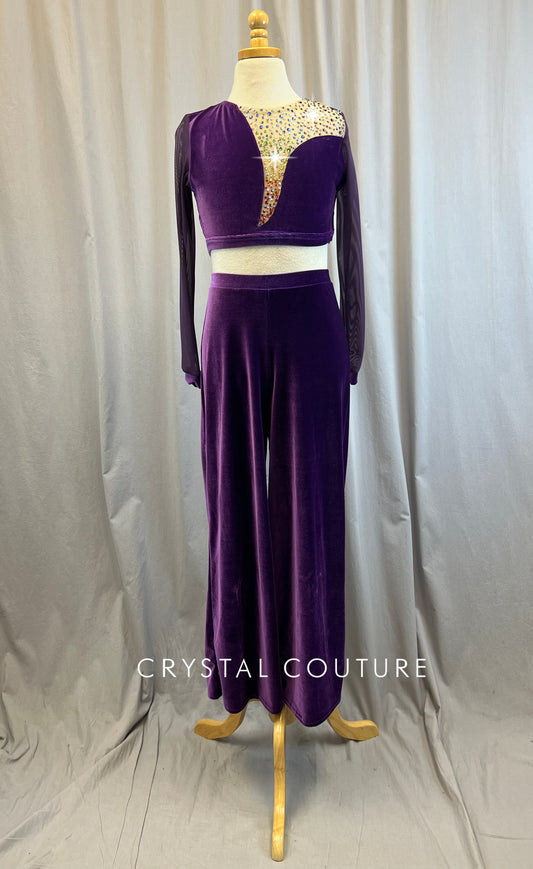 Custom Purple Velvet Rainbow Long Sleeve Crop and Pant Set -Rhinestones, Hairpiece