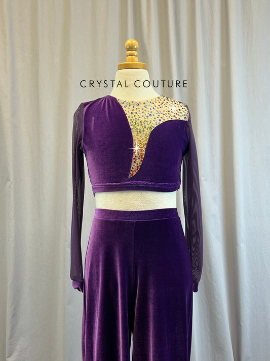 Custom Purple Velvet Rainbow Long Sleeve Crop and Pant Set -Rhinestones, Hairpiece