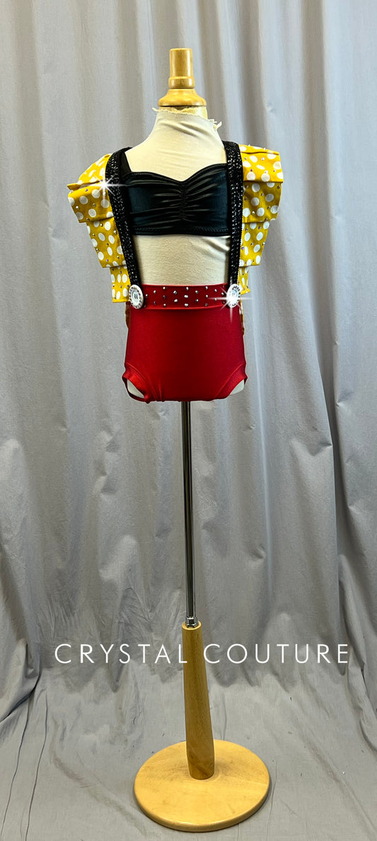 Custom Mickey Mouse Inspired 2 Piece Top and Booty Shorts Set -Rhinestones, Hairpiece