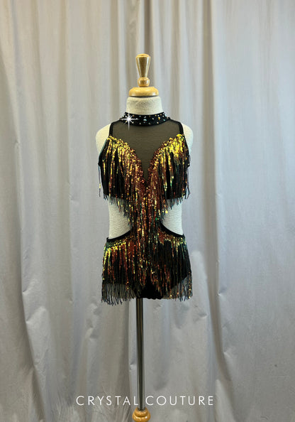Custom Black leotard with Metallic Orange and Green Shifting Fringe- Rhinestones