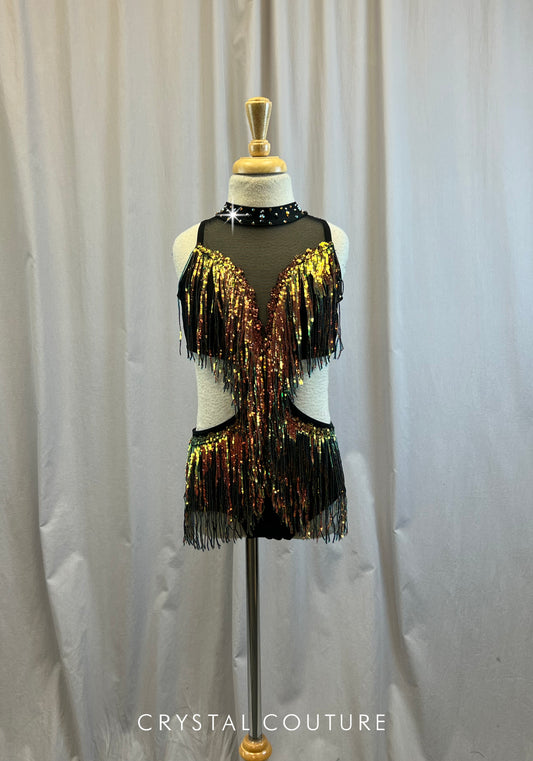Custom Black leotard with Metallic Orange and Green Shifting Fringe- Rhinestones