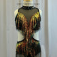 Custom Black leotard with Metallic Orange and Green Shifting Fringe- Rhinestones