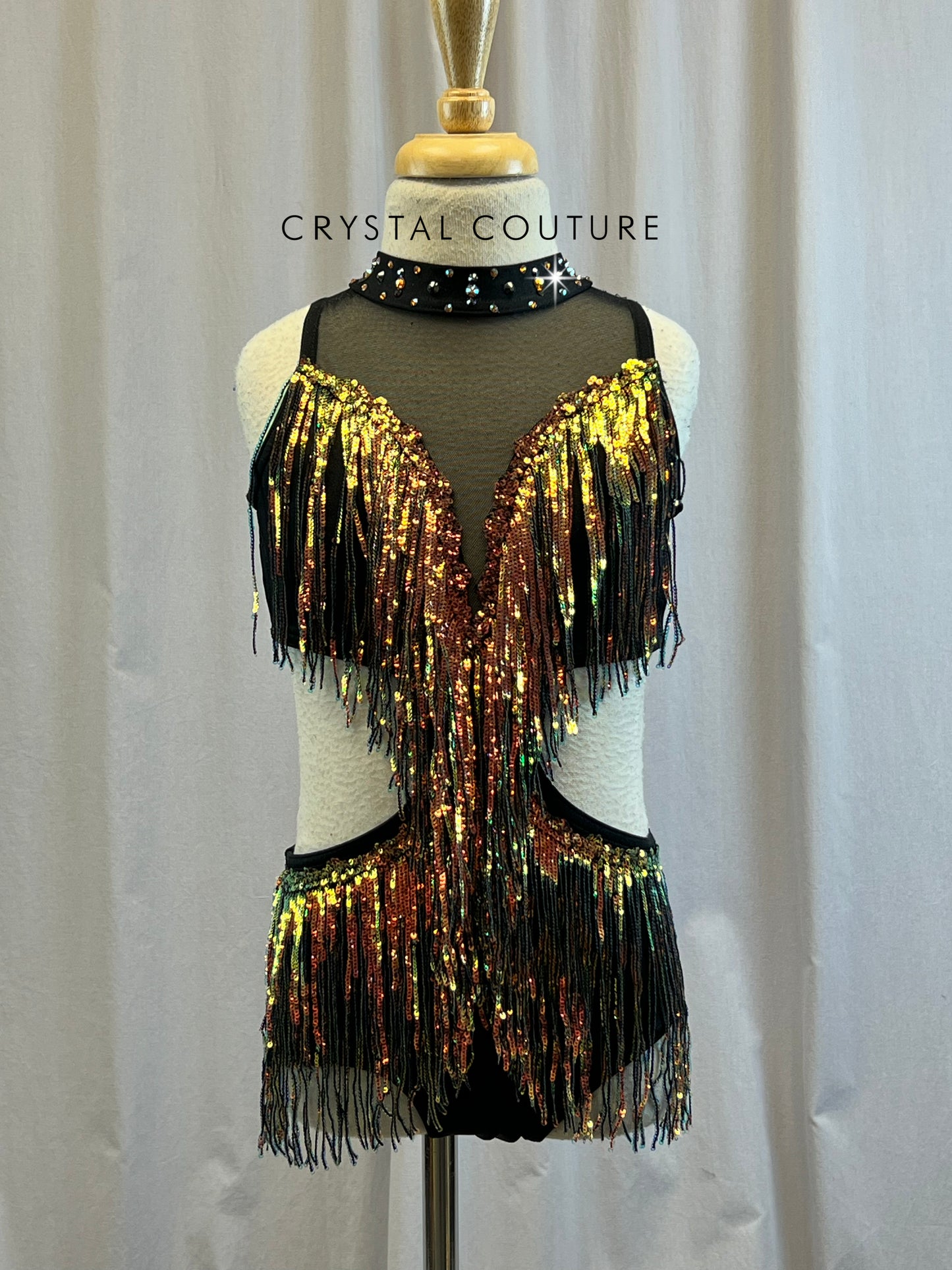 Custom Black leotard with Metallic Orange and Green Shifting Fringe- Rhinestones