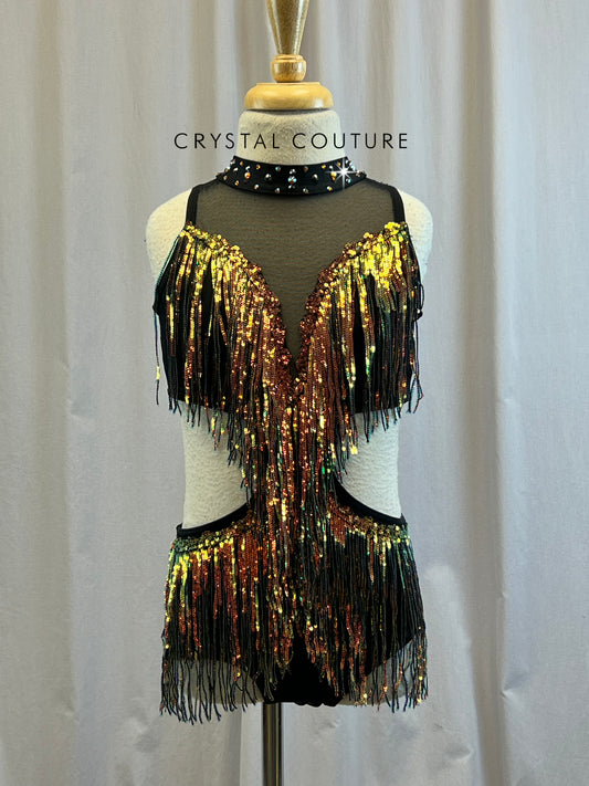 Custom Black leotard with Metallic Orange and Green Shifting Fringe- Rhinestones