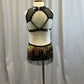 Custom Black leotard with Metallic Orange and Green Shifting Fringe- Rhinestones