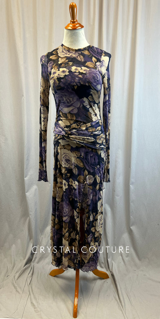Purple Floral Mesh Long Sleeve Dress