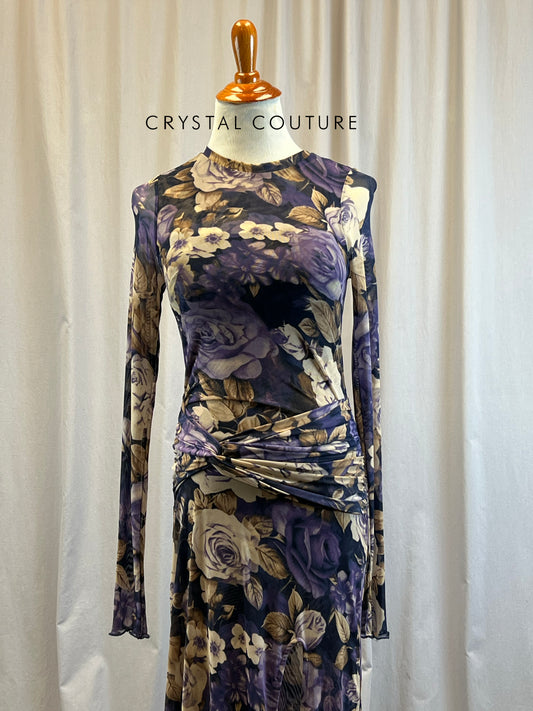 Purple Floral Mesh Long Sleeve Dress