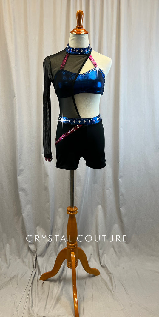 Custom Black, Blue, and Pink One Sleeve Unitard- Rhinestones