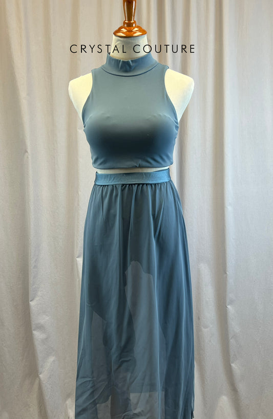 Blue-Gray Three Piece, High Neck Top, Mesh skirt ,over leggings