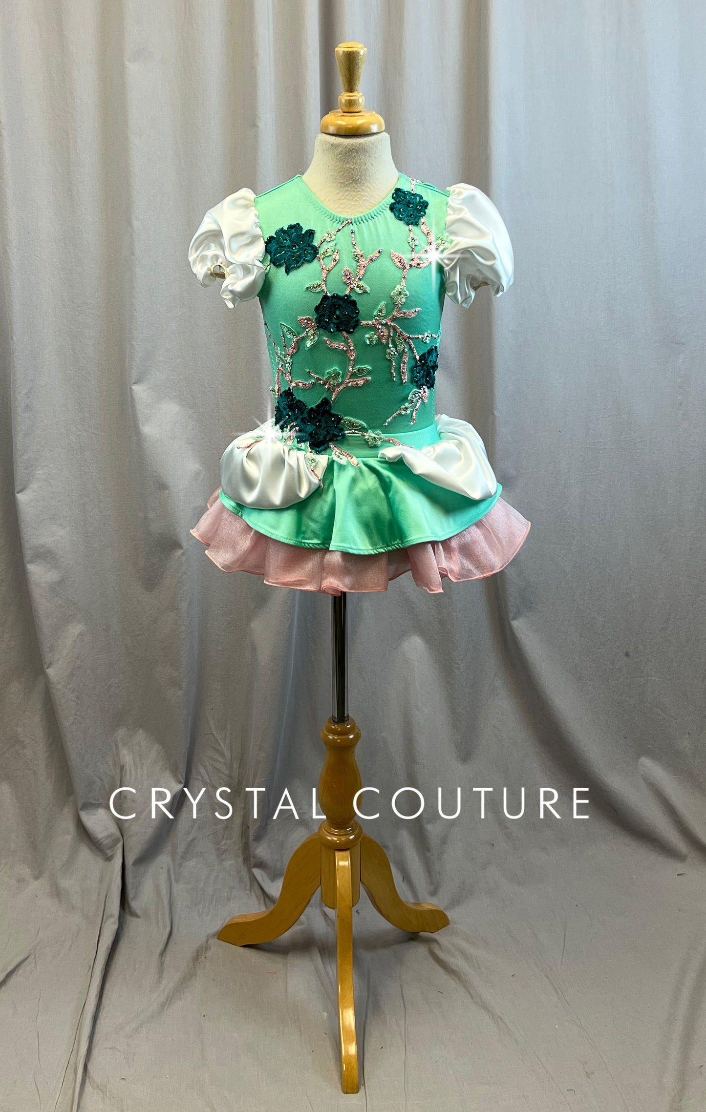 Custom Teal, White and Pink Puff Sleeve Dress- Rhinestones
