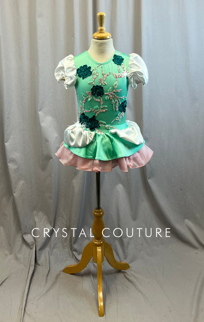 Custom Teal, White and Pink Puff Sleeve Dress- Rhinestones