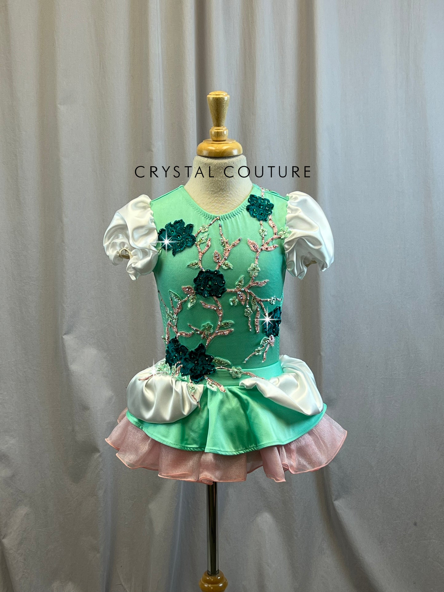 Custom Teal, White and Pink Puff Sleeve Dress- Rhinestones