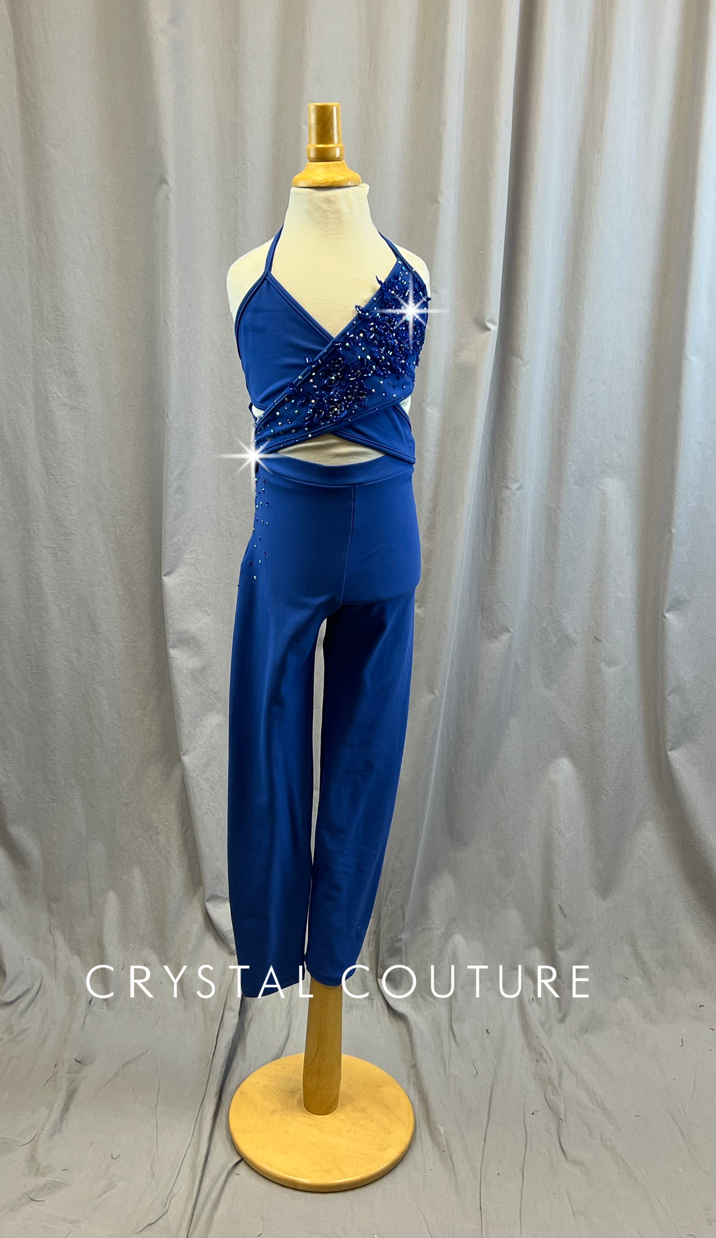 Blue Cotton Wrap Top Unitard- Rhinestones