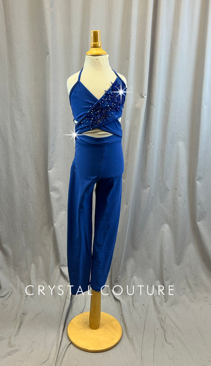 Blue Cotton Wrap Top Unitard- Rhinestones
