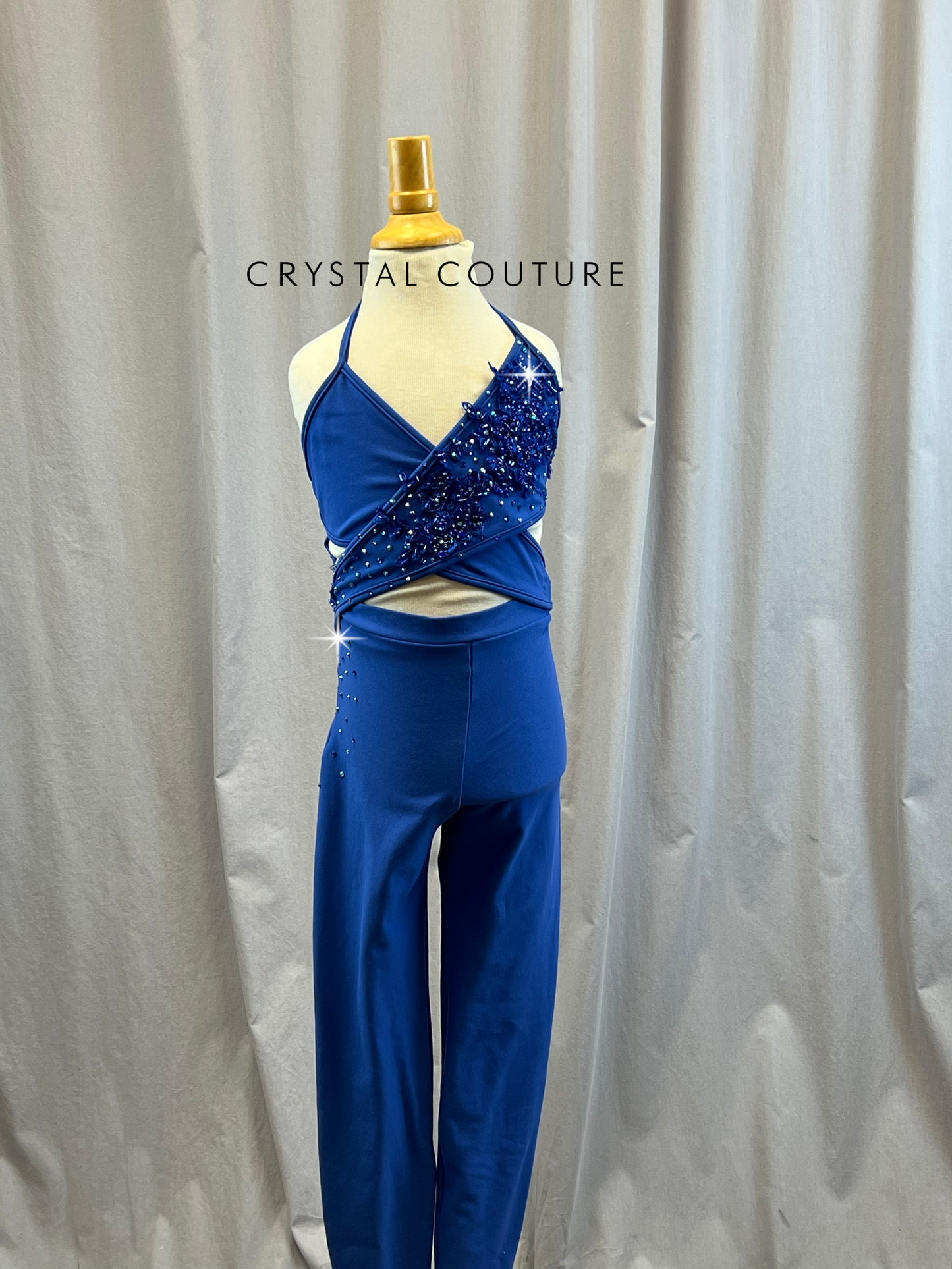 Blue Cotton Wrap Top Unitard- Rhinestones