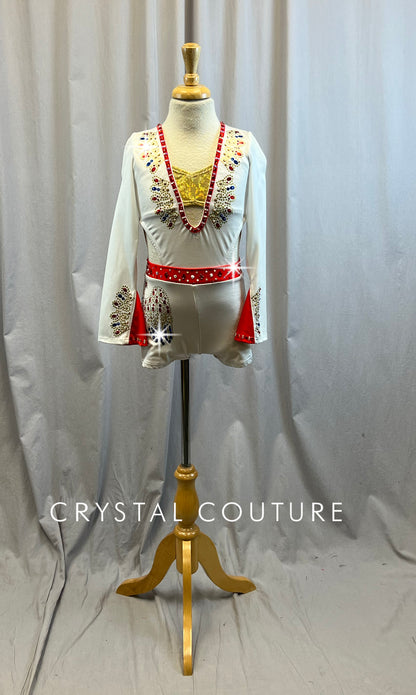 Custom Elvis Inspired White with Red and Gold Accents, Long Sleeve Biketard- Rhinestones