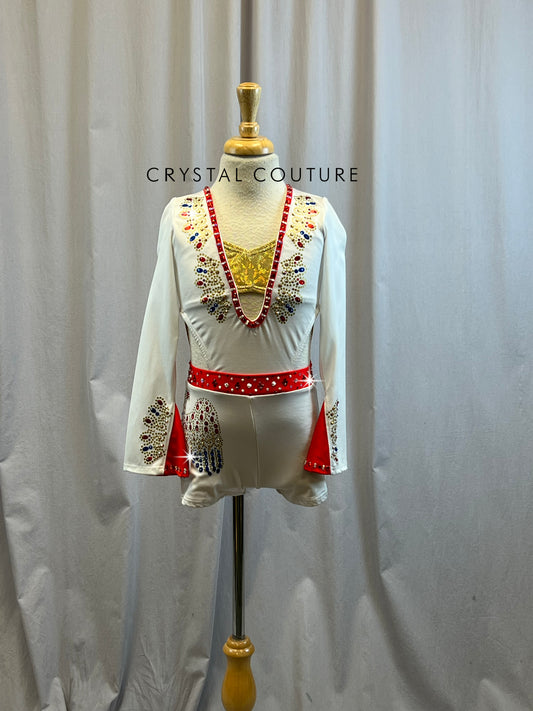 Custom Elvis Inspired White with Red and Gold Accents, Long Sleeve Biketard- Rhinestones