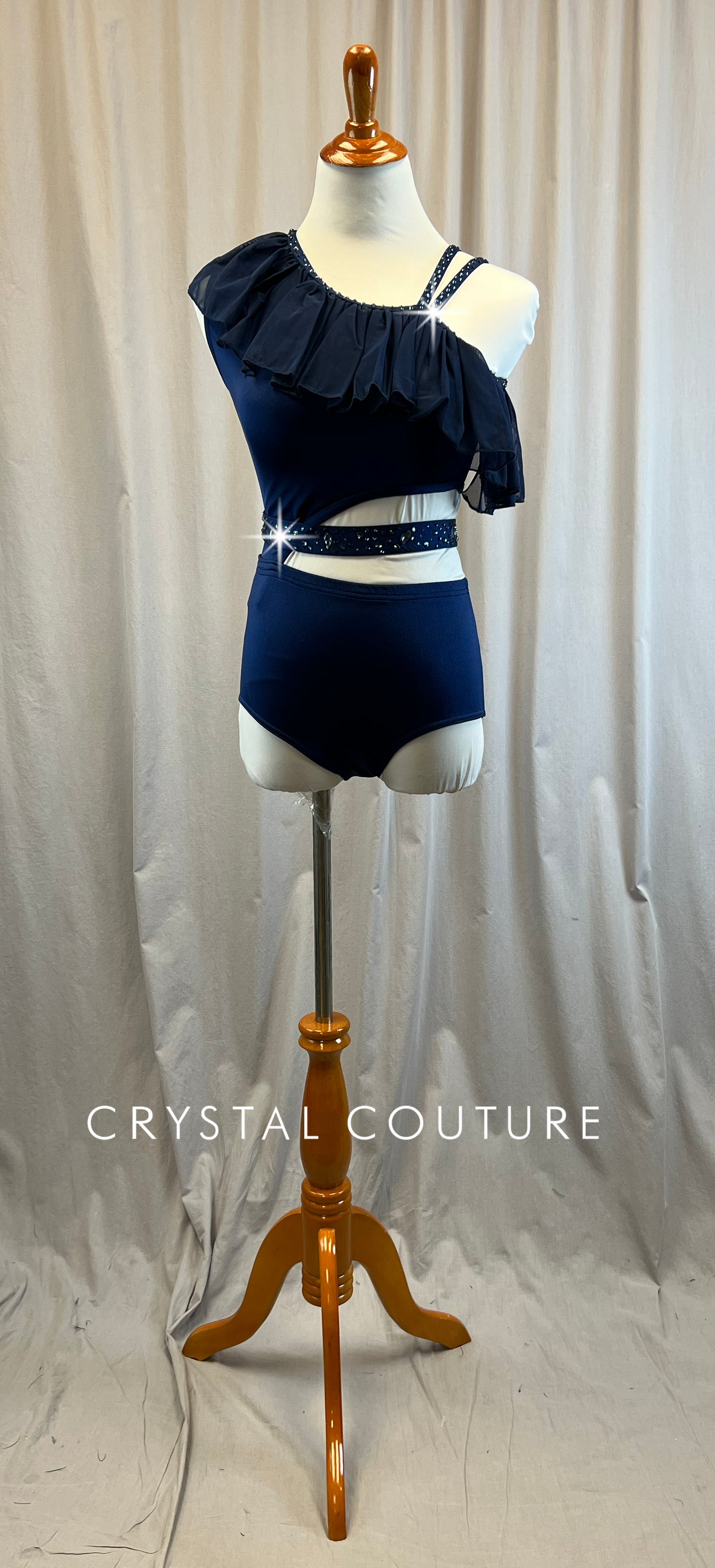 Custom Navy Asymetric Leotard with Cutouts- Rhinestones