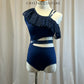 Custom Navy Asymetric Leotard with Cutouts- Rhinestones
