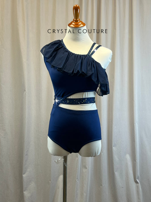 Custom Navy Asymetric Leotard with Cutouts- Rhinestones