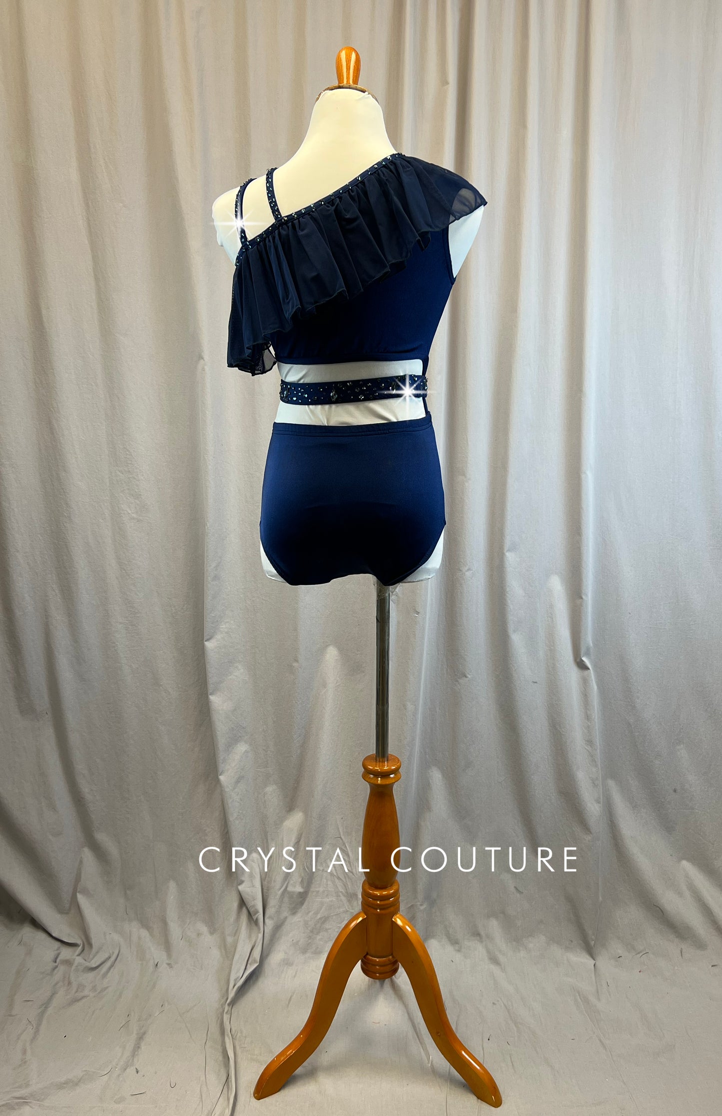 Custom Navy Asymetric Leotard with Cutouts- Rhinestones