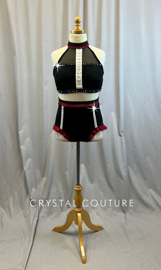 Custom Black Halter Neck with Red and White Accents Two-Piece- Rhinestones