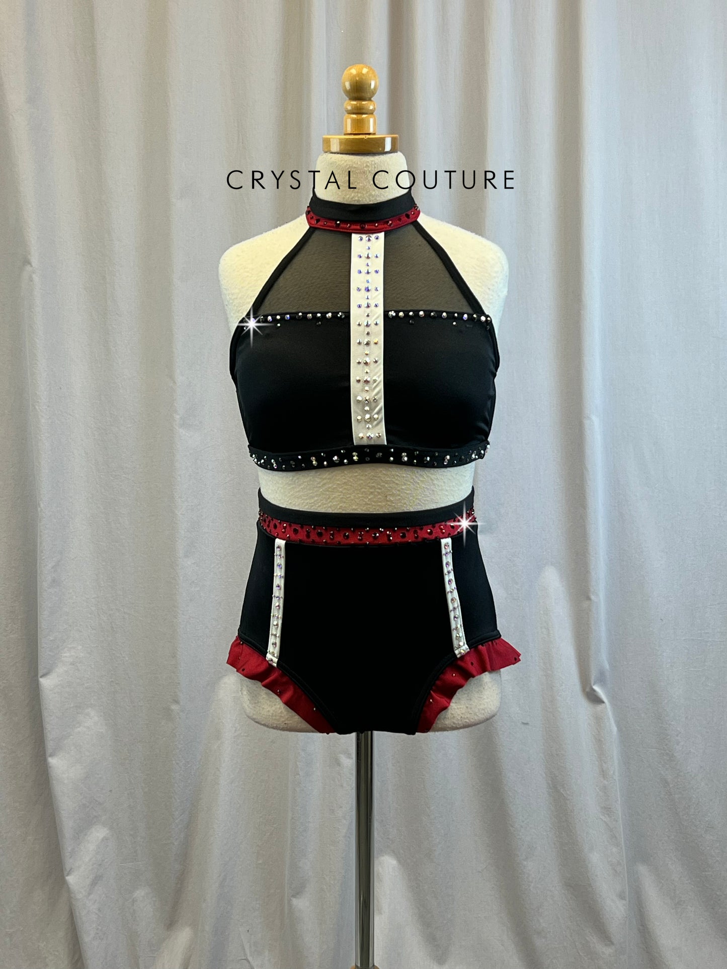 Custom Black Halter Neck with Red and White Accents Two-Piece- Rhinestones
