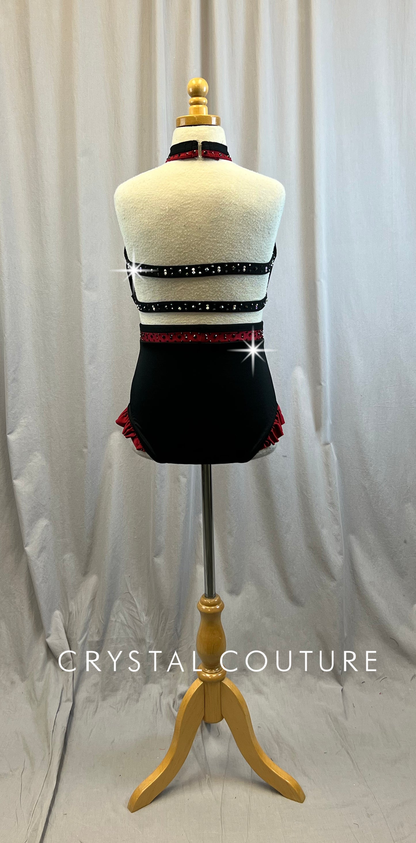 Custom Black Halter Neck with Red and White Accents Two-Piece- Rhinestones
