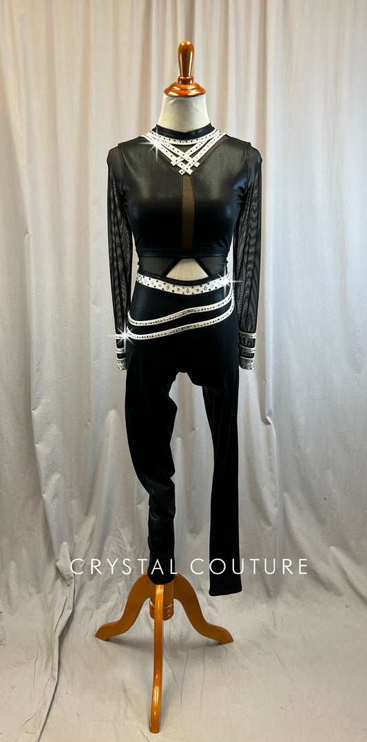Custom Black Long Sleeve Unitard with Mesh and White Strap Detailing- Rhinestones - Accessories