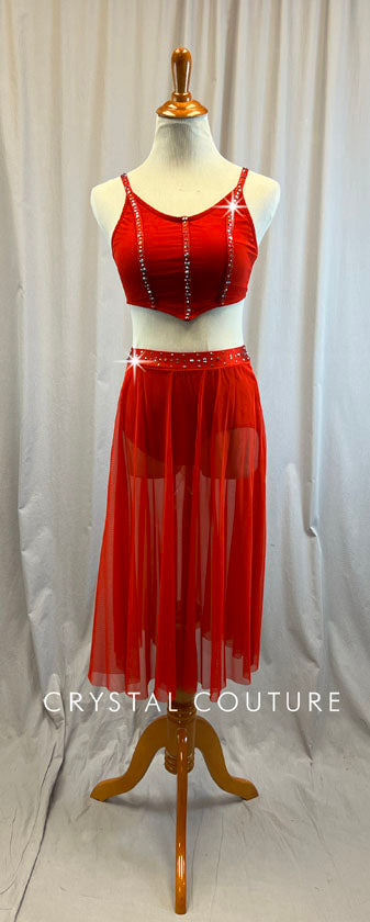 Custom Red Corset Top with Mesh Skirt Two Piece- Rhinestones - Accessories