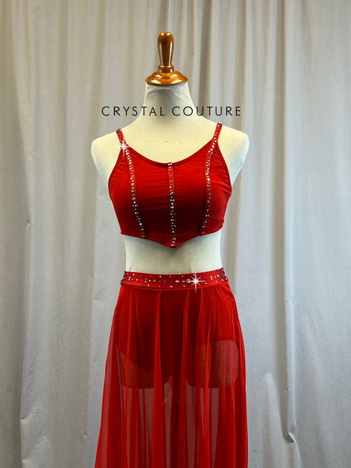 Custom Red Corset Top with Mesh Skirt Two Piece- Rhinestones - Accesso Crystal Couture Custom Red Corset Top with Mesh Skirt Two Piece- Rhinestones - Accesso Crystal Couture