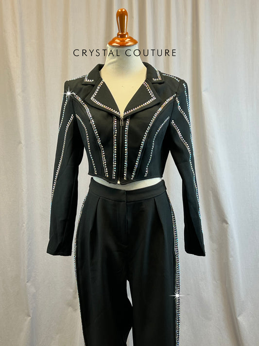 Black Zip Front Two-Piece Pant Suit- Rhinestones