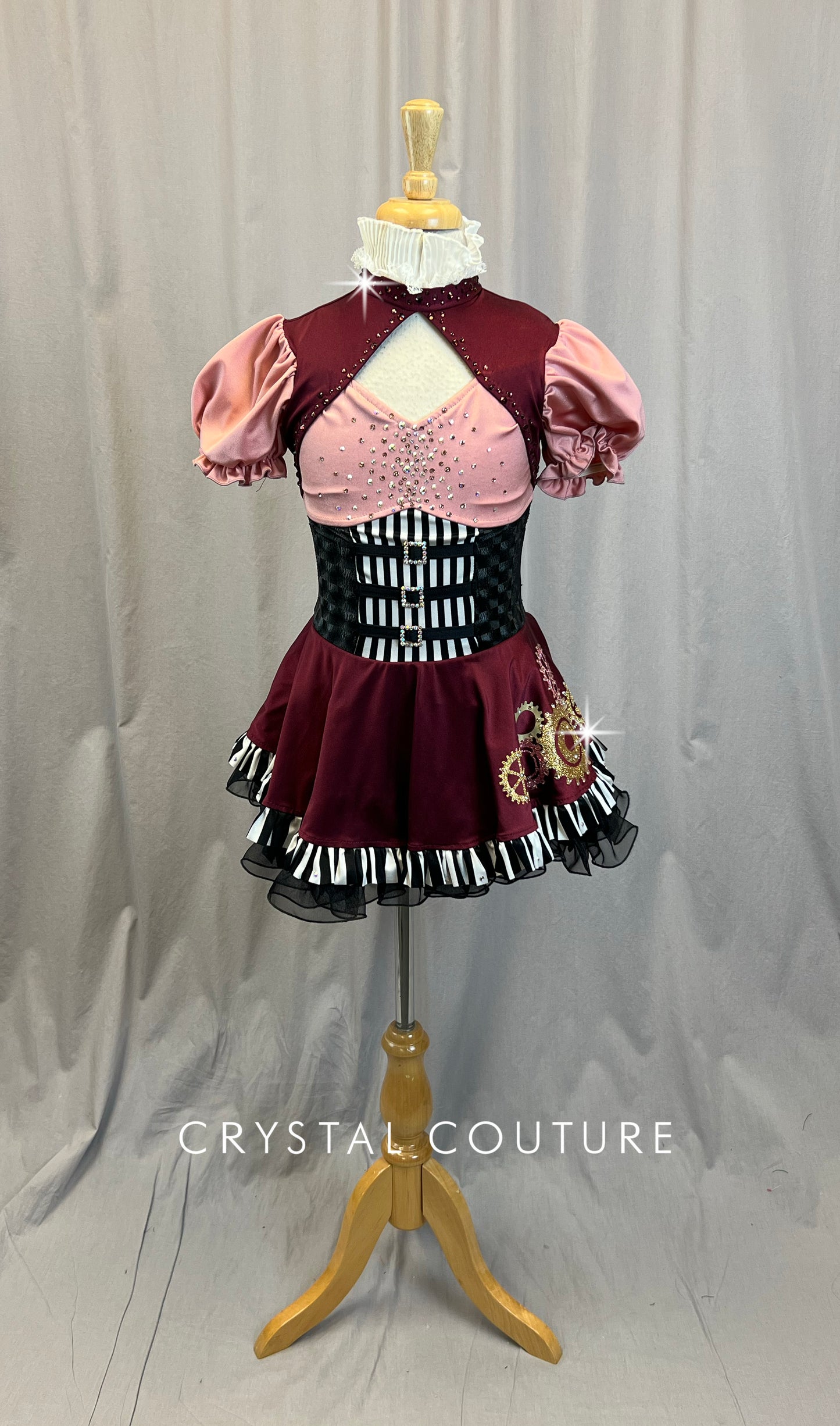 Custom Burgundy, Pink, Black and White Steampunk Dress - Rhinestones - Accessories