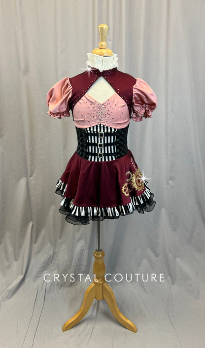 Custom Burgundy, Pink, Black and White Steampunk Dress - Rhinestones - Accessories