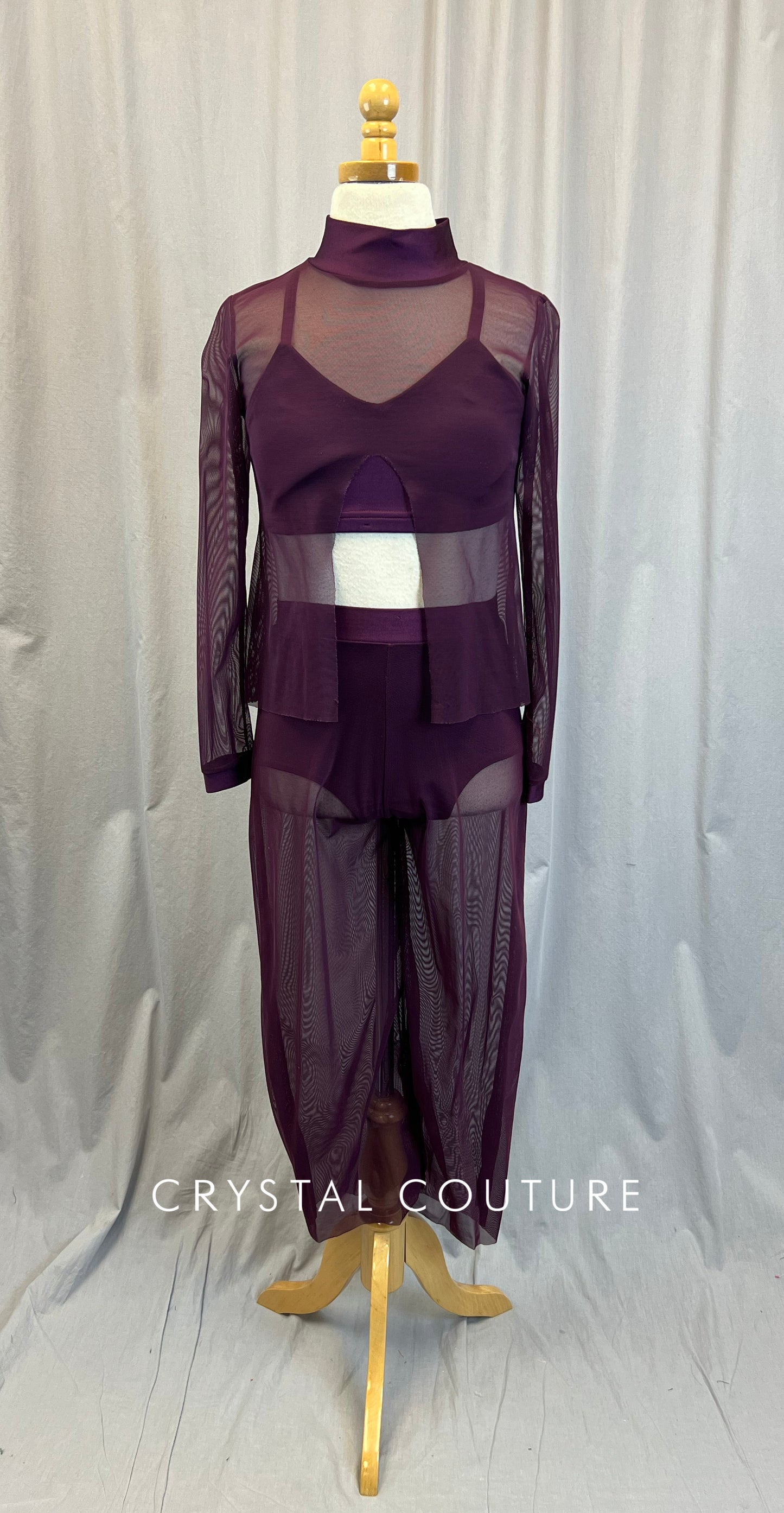Custom Plum Mesh Long Sleeve and Pants- Plum Bra Top Three Piece Set