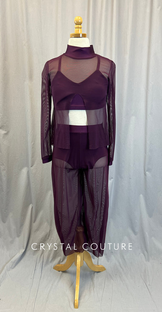 Custom Plum Mesh Long Sleeve and Pants- Plum Bra Top Three Piece Set