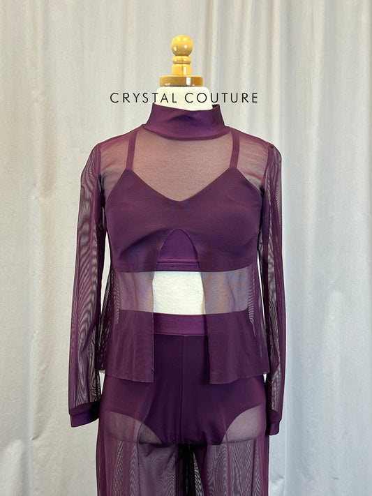 Custom Plum Mesh Long Sleeve and Pants- Plum Bra Top Three Piece Set