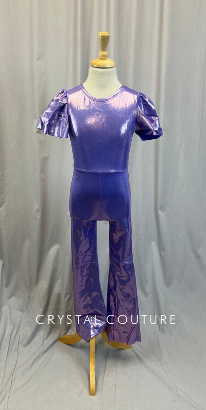 Metallic Purple Flutter Sleeve Flare Unitard