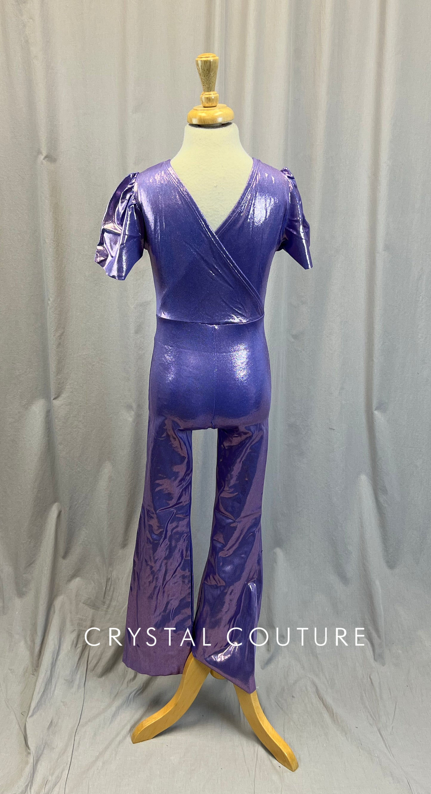 Metallic Purple Flutter Sleeve Flare Unitard