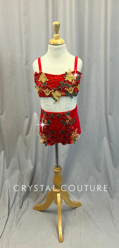 *Brand New* Red Lace Floral Bra Top and Brief Set -Rhinestones, Appliques