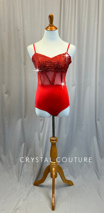 Red Sweetheart Neckline Leotard -Rhinestones, Hairpiece