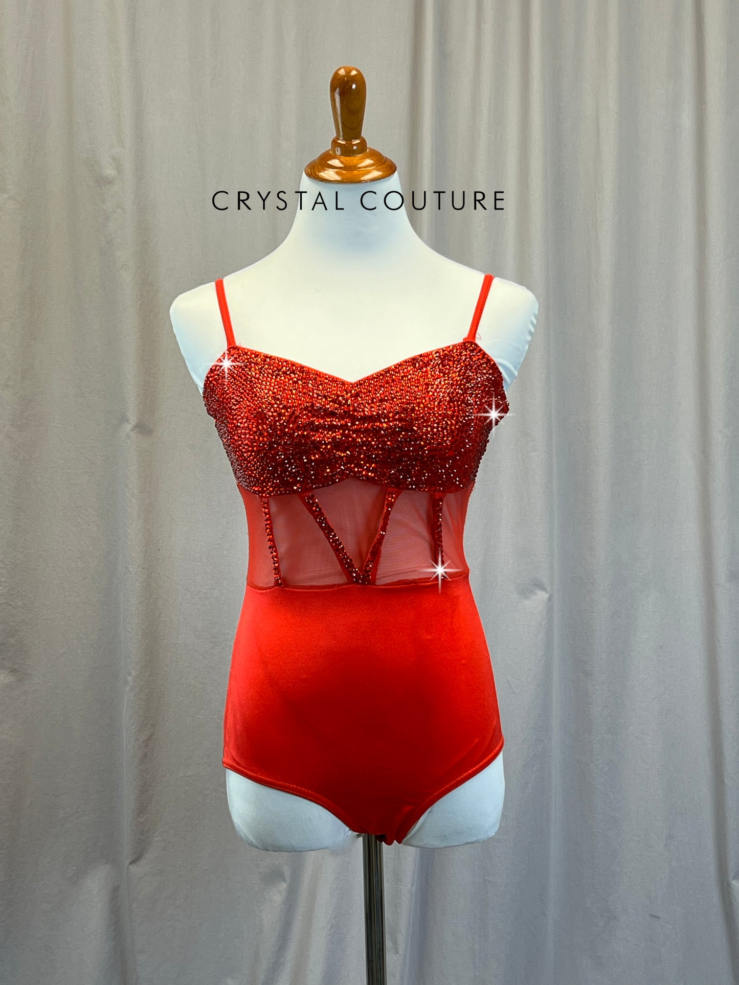 Red Sweetheart Neckline Leotard -Rhinestones, Hairpiece