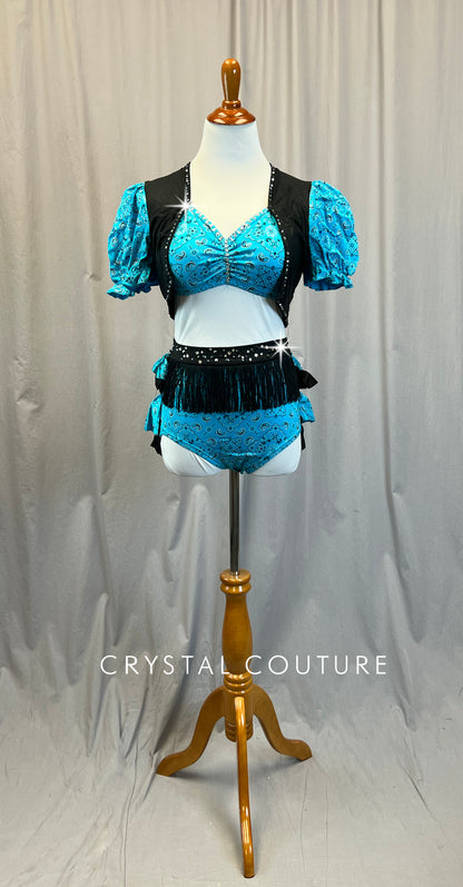 Custom Western Style Top and Brief Set With Vest and Fringe Skirt -Rhinestones