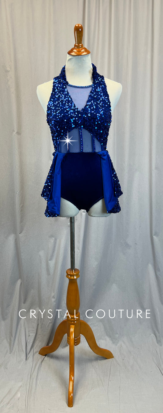 Custom Cobalt Blue Sequin Halter Leotard W/ Skirt -Rhinestones