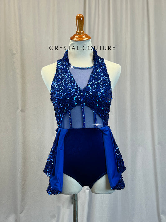 Custom Cobalt Blue Sequin Halter Leotard W/ Skirt -Rhinestones