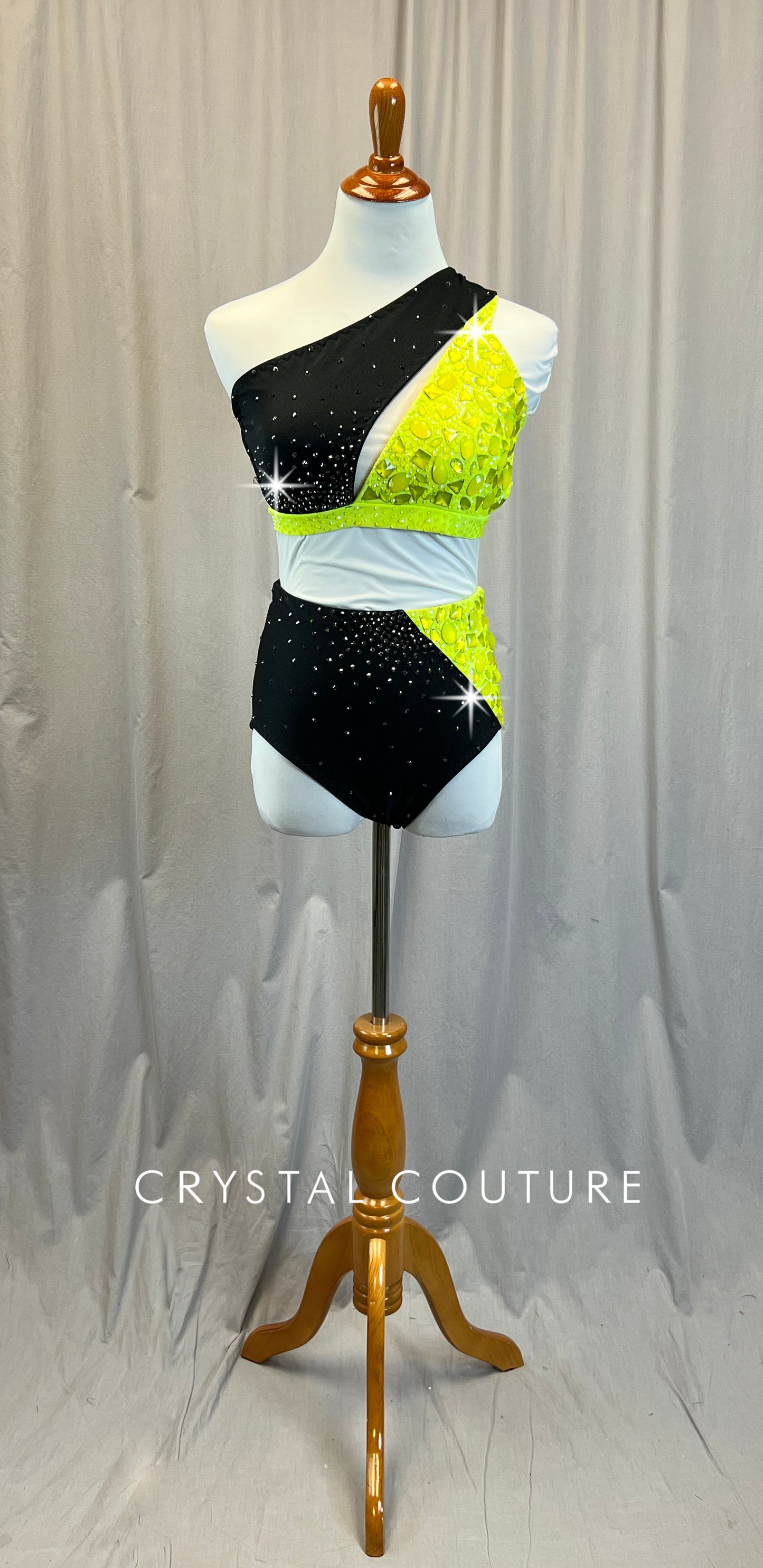 Custom Neon Yellow and Black Diagonal Color Block Set -Rhinestones