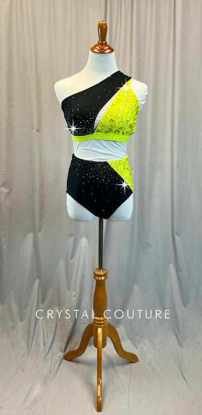 Custom Neon Yellow and Black Diagonal Color Block Set -Rhinestones