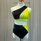 Custom Neon Yellow and Black Diagonal Color Block Set -Rhinestones