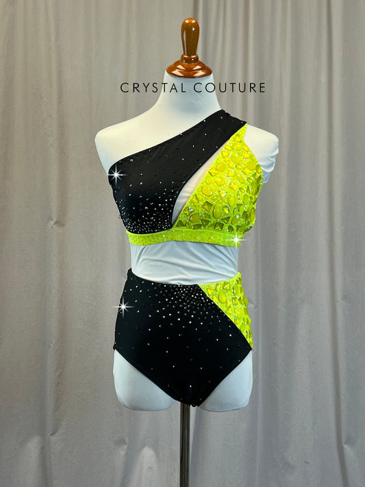 Custom Neon Yellow and Black Diagonal Color Block Set -Rhinestones