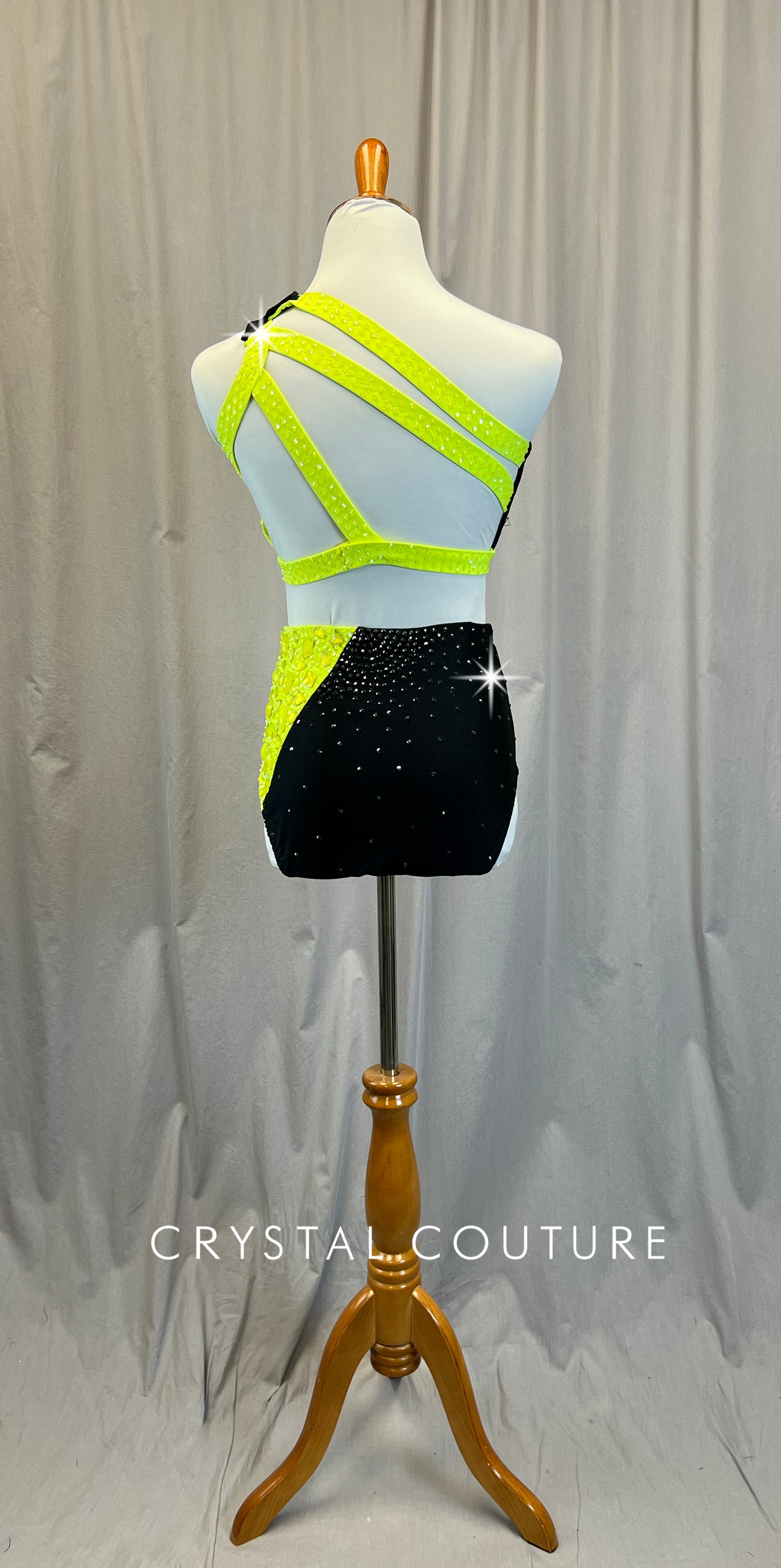 Custom Neon Yellow and Black Diagonal Color Block Set -Rhinestones